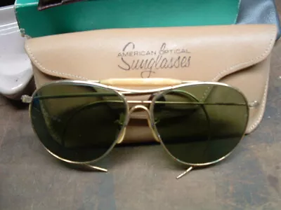 Vintage American Optical Pilot Aviator Green Shade Glass Sunglasses  12kgf Gold • $427.42