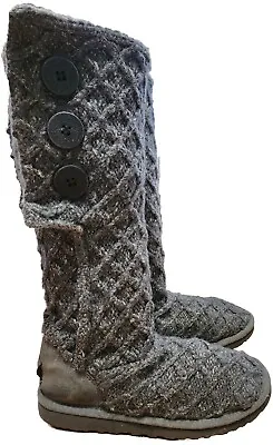 UGG Sweater Boots Womens 6 Gray Lattice Cardy Knit Pull On Mid Calf Button 3066 • $34.99