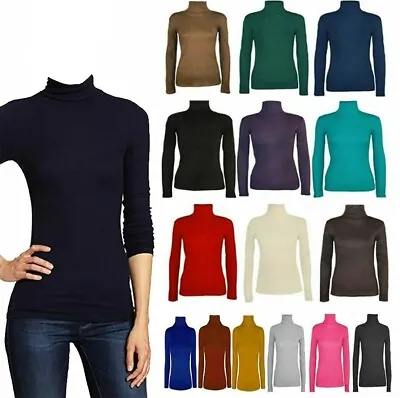 Ladies  Polo Neck Roll Neck Top Long Sleeve Womens Turtle Neck Plain Jumper 8-26 • £6.49