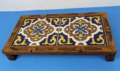 Vintage Trivet Mexican Tile With Hand Carved Wood Frame Stand Double Tile • $19.99