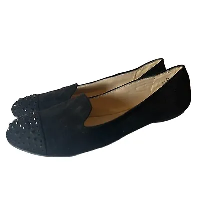 Nine West Black Velvet Flats Loafers Studded Rhinestones Almond Toe Women Sz 8M • $21