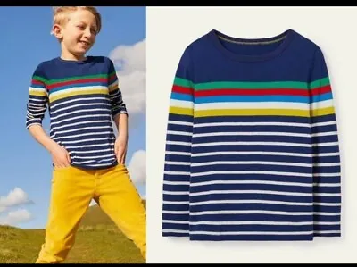 Mini Boden Boys Multi Stripe Navy Long Sleeve Cotton Top T-shirt Brand New • £10.99