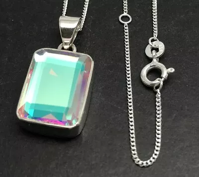 Mercury Mystic Quartz Pendant Solid Sterling Silver Necklace Emerald Cut. Box • $39.77