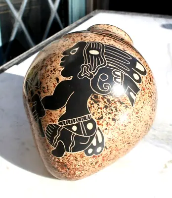 Vintage Aztec Inca Mayan Vase Hand Painted Carved Mexico Pottery 4  Tall • $29.99