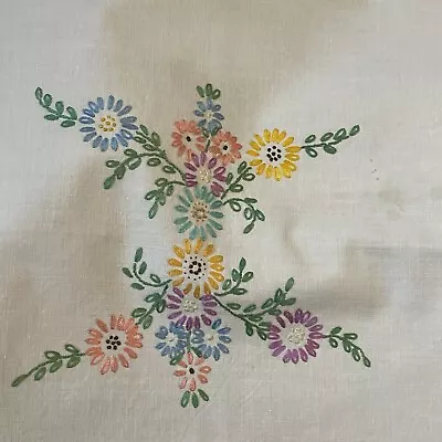 Vintage Cotton Tablecloth 28 In Square Handmade Hand Embroidered Floral Cottage • $28.58