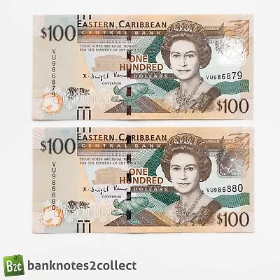 EAST CARIBBEAN: 2 X 100 East Caribbean Dollar Banknotes With Consecutive SNs • £90