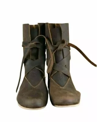 Medieval Leather Boots Renaissance Footwear Viking Shoe Mens Brown Long Shoes • £94.99