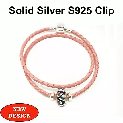 Double Leather Bracelet S925 Silver Clip Stoppers Baby Pink & Murano Charm • £14.99