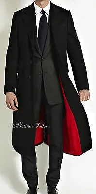 Mens Black Wool Long Covert Overcoat Warm Winter Mod Cashmere Coat Velvet Collar • £139.99