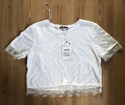 Zara White Linen Cropped Shirt Size M Lace • $28