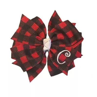 Buffalo Check Plaid Monogram Hair Bow - White • $7