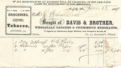 $13.19 • Buy Davis & Brother Norfolk VA 1869 Billhead Groceries Liquors Tobacco