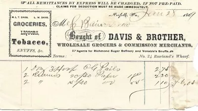 $13.19 • Buy Davis & Brother Norfolk VA 1869 Billhead Groceries Liquors Tobacco