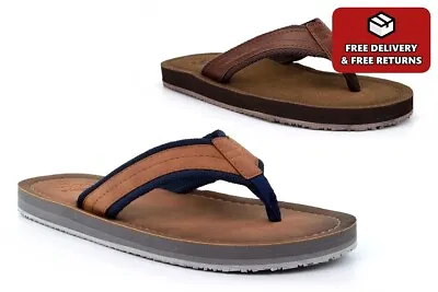 Mens Sandals Mens Mules Faux Leather Toe Post Flip Flops Summer Tan/Brown Size • £15.39