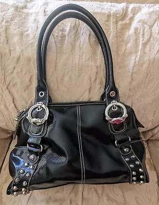 Kathy Van Zeeland Black Patent Leather Handbag Shoulder Bag Buckles Studs Charms • $40