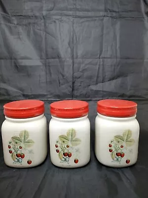3 ARLINGTON Designs Ceramic Canister Cookie Jar Botanical Strawberries Red 5½  T • $26.99
