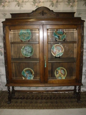$299.99 • Buy Vintage JACOBEAN OAK BOOKCASE Carved BARLEY TWIST BASE Bevelled Glass Doors