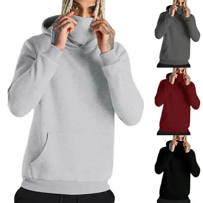 Men Plain Hoodie Sports Sweatshirt With Snood Face Mask Neck Cover Pullover Tops • £17.39