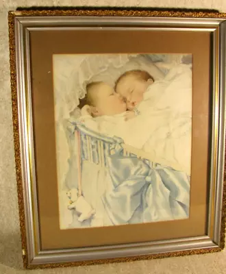 Vintage Print Of Twins Children Sleeping In A Cradle Framed & Matted • $19