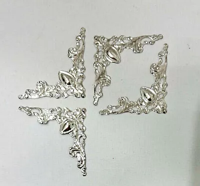 4x 40mm SHINY SILVER FILIGREE CORNER EMBELLISHMENTS Metal Victorian Leaf Scroll • £2.99