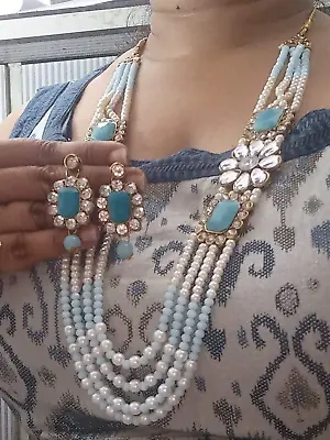 Indian Bollywood Style Gold Plated Kundan Necklace Blue Pearl Jewelry Set • $17.99