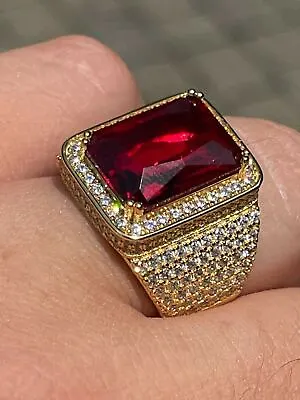 Mens Iced CZ 14k Gold Plated Real 925 Silver Big Red Stone Big Square Iced Ring • $66.04