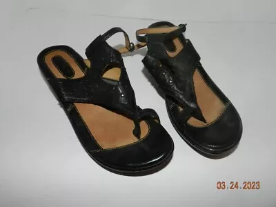 Born Woman's Black Leather Strappy Thong Wedge Sandals MGB7 Size US 8 • $29.99