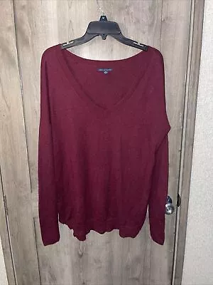 American Eagle Womens Pullover Sweater V Neck Long Sleeve Maroon Knit Size M/M • $11