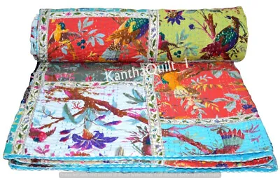 Kantha Quilt Indian Bird Lace Printed Bedspread Blanket Cotton Coverlet Bedding • £20.88