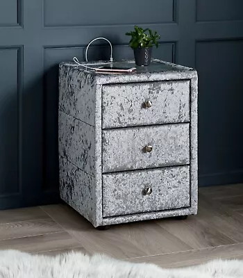 Modern 3 Drawer Bedside Table Crushed Silver With 2 USB Ports Stylish Glass Top • £179