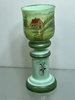 Antique Victorian Green Bristol Glass Vase Hand Painted Enamel Farm House Barn • $50