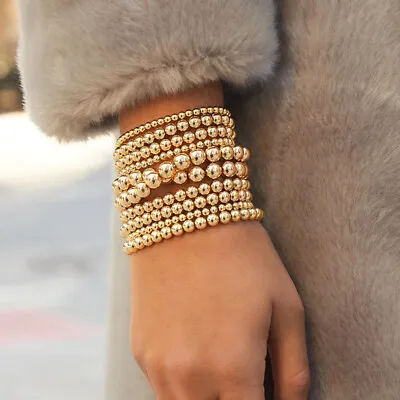 Women Gold Filled Beads Beaded Beaded Stretch Stackable Bohe Bracelets 4 5 6 8mm • $17.98