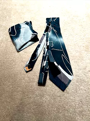 CARLO PALAZZI NECKTIE Vtg Silk Dark &Mint Green Black Gray White & Pocket Square • $19.99