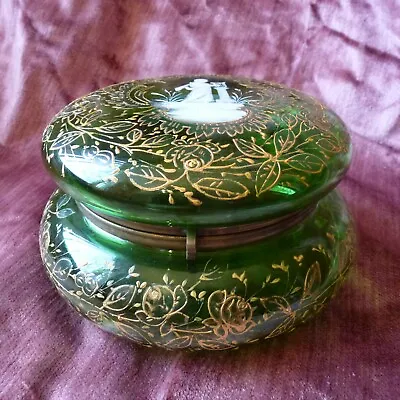 Green Moser Dresser Box Lid Gold Enamel Mary Gregory Greek Maiden Harp Pedestal  • $375