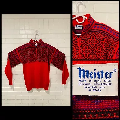 Vintage Meister Wool Blend Quarter-Zip Ski Sweater Red & Black Adult M • $30