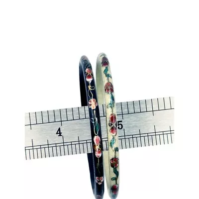 $36 • Buy Vintage Asian Bangle Bracelets Enamel Floral Black White Gold Pink 2.5 