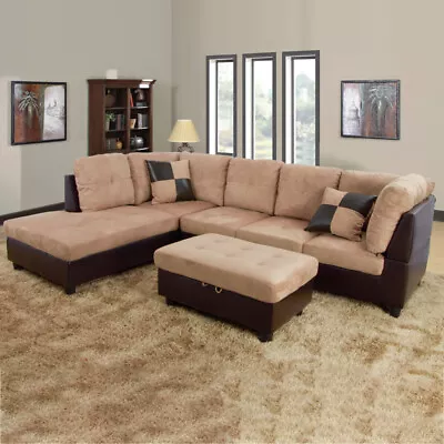 L-shape Lint And PVC 3-Piece Couch Living Room Sofa Set With Ottoman • $775