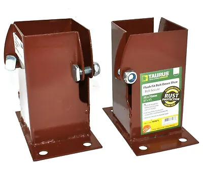£23.99 • Buy FLUSH FIT FENCE POST BOLT DOWN SHOES - TWIN PACK 75 X 75mm BROWN COATED STEEL