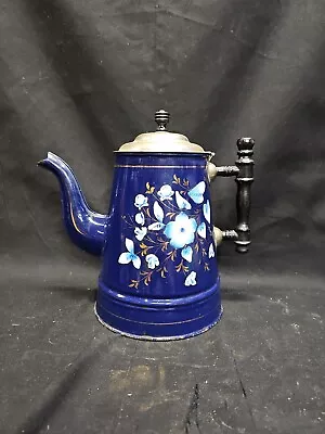 Antique Cobalt Blue Enamelware Hand Painted Coffee Pot • $38