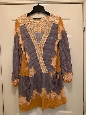 Blue & Tan Geometric Design Dress - ZAFUL Long Sleeve Size Small Coverup Summer • $12.99