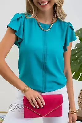 Mine Light Teal Orange Solid Lace Shoulder Tab Short Sleeve Woven Top NEW • $21