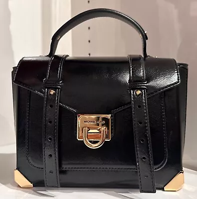 Michael Kors Manhattan Medium Black Vegan Patent Leather Satchel Crossbody Bag • $95.98