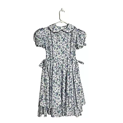 Vintage Cottage Core Floral Dress Puff Sleeve Peter Pan Collar Ruffle Bow Size M • $50