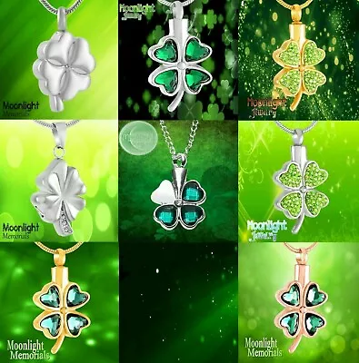 New Four Leaf Green Clover Crystal Cremation Pendant Ash Urn Memorial Necklace  • $13.95