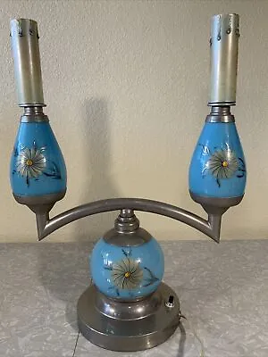 Vintage Electric Table Lamp 2 Arm Candelabra Blue Glass Hand Painted • $140