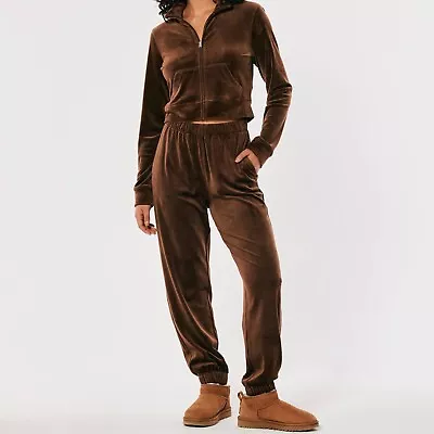 Hollister Two Piece Matching Set Brown Velour Tracksuit Sweatshirt Joggers L • £71.24