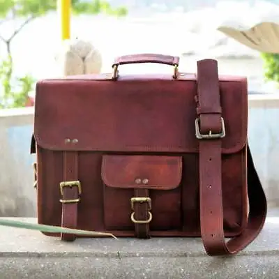Men 15  Distressed Vintage Leather Satchel Messenger Work Laptop Briefcase Bag • $45.12