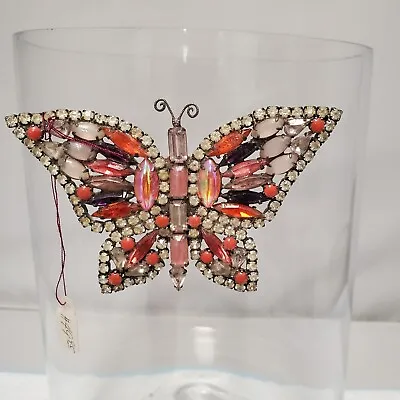 Magnetic Brooch Butterfly Orange Opaque And Clear Rhinestones Mothers Day • $24.97
