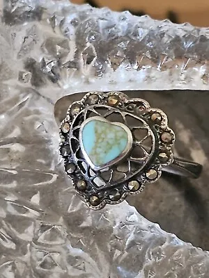 Vintage Turquoise Stone Marcasite Stone 925 Silver Ring • $40