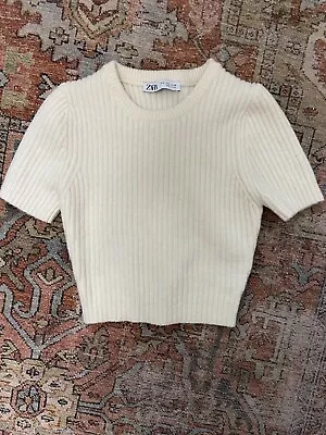 Zara Cropped Sweater Rib Knit White Short Sleeve • $14.99